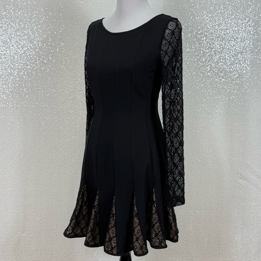 Catherine Malandrino Black Fit & Flare Lace Sleeve Dress Gothic Cocktail Women’s - Picture 9 of 10